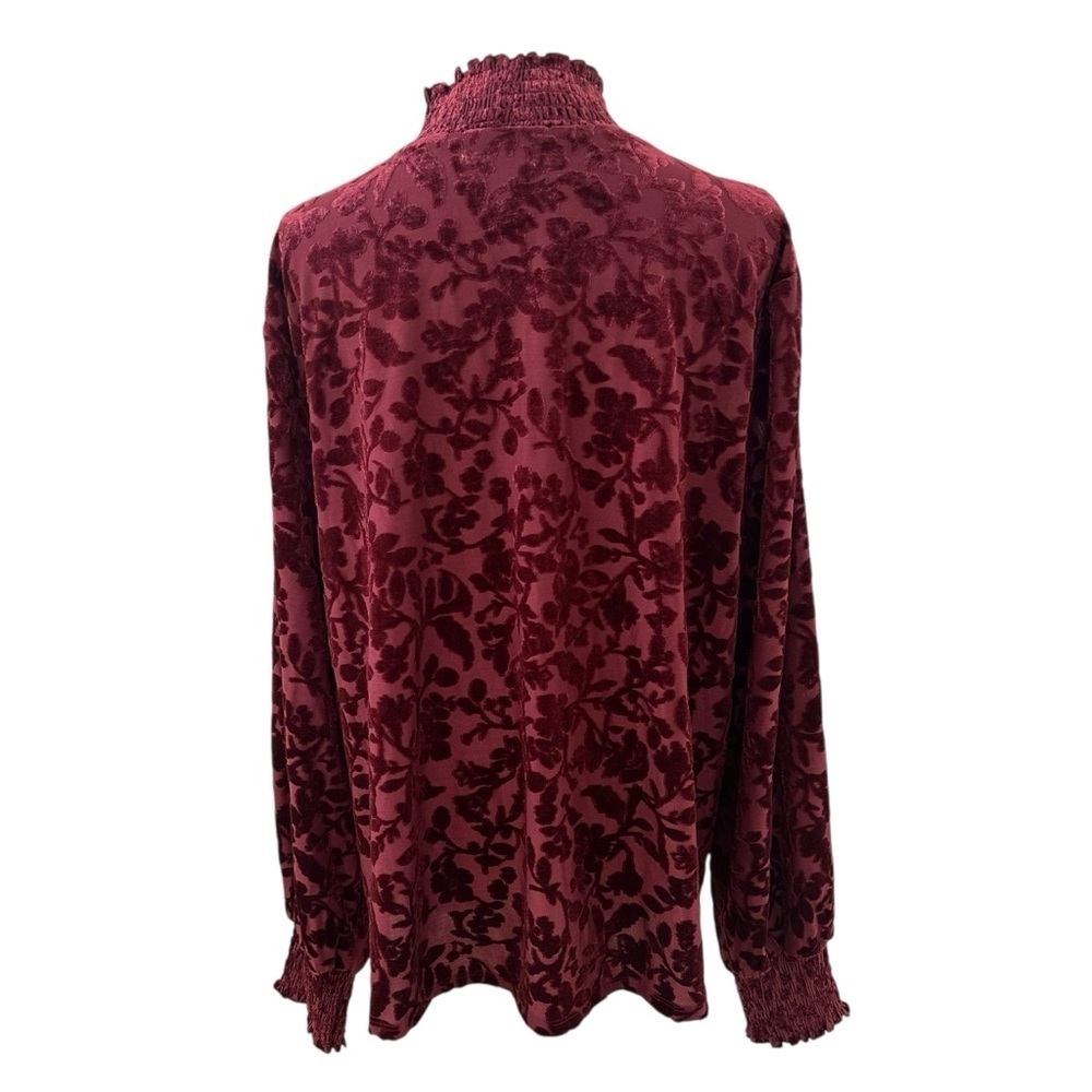 Women's 2X Burgundy Floral Crushed Burnout Velvet Whimsical High-Neck Blouse - Picture 4 of 5